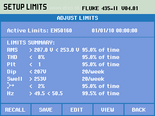 voltage limit screen of Fluke 435-II